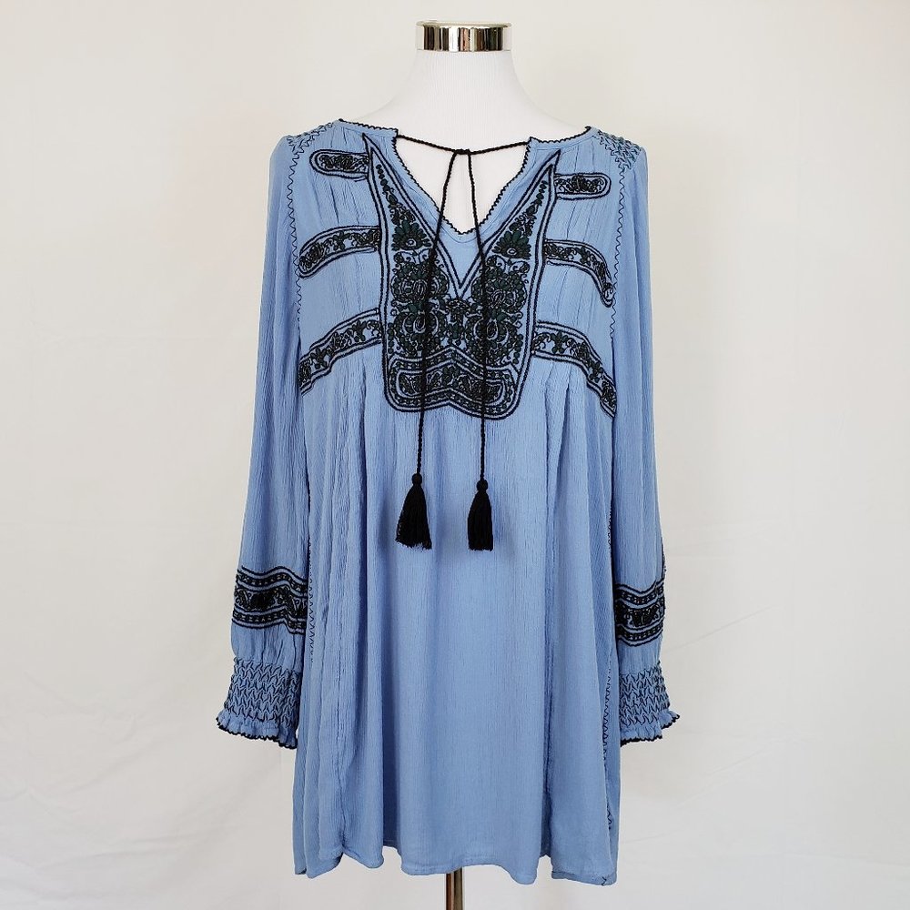 Free People Womens Blue Peasant Dress Long sleeve